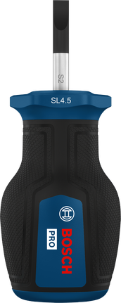 Obeng Pendek Bosch PRO SL1.0x4.5 dengan pegangan ergonomis.
